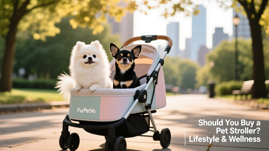 Two small dogs sitting side-by-side in a FurPetVo double pet stroller, looking relaxed and curious