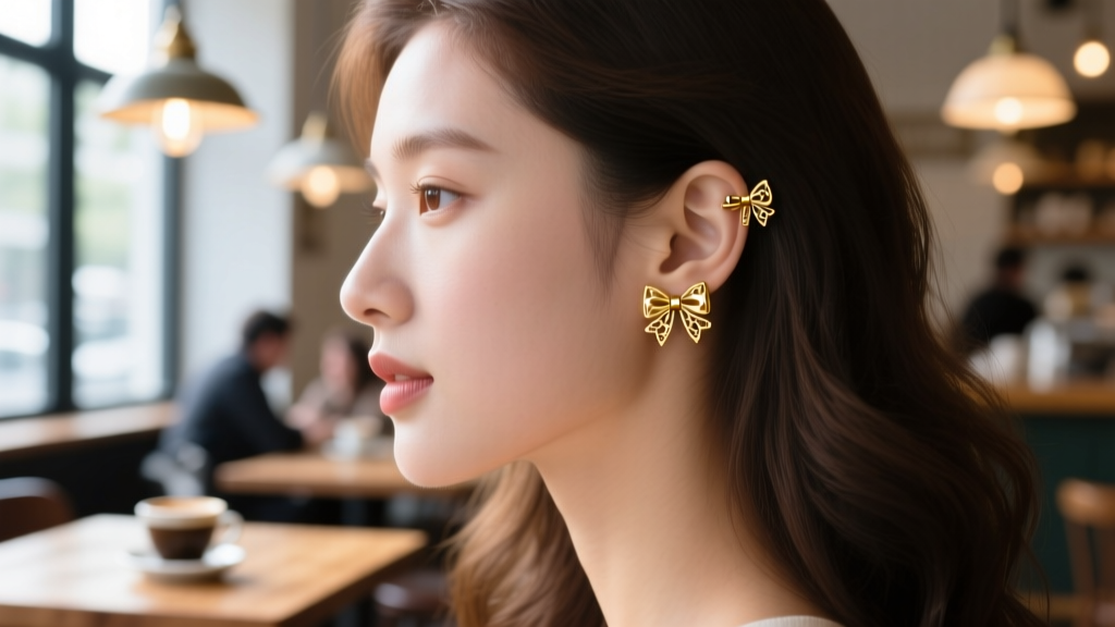Side profile of a woman wearing a delicate 5mm gold bow stud on her upper helix cartilage piercing, blurred cafe background