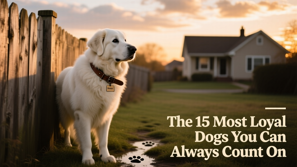 A calm, watchful Great Pyrenees standing guard beside a backyard fence at dusk