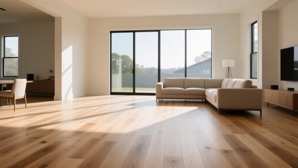Wide-plank white oak hardwood flooring in a sunlit modern living room, showcasing natural grain variations and a matte water-based finish