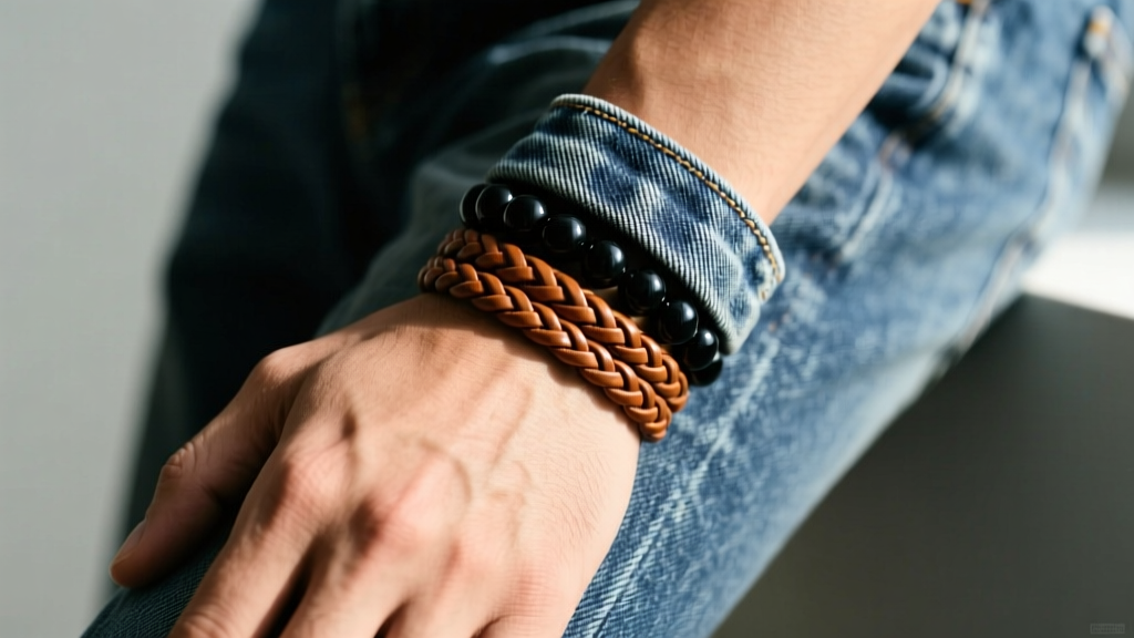Wrist shot of a man wearing a 6mm matte onyx bead bracelet layered with a braided leather wrap, resting on a faded denim jean leg