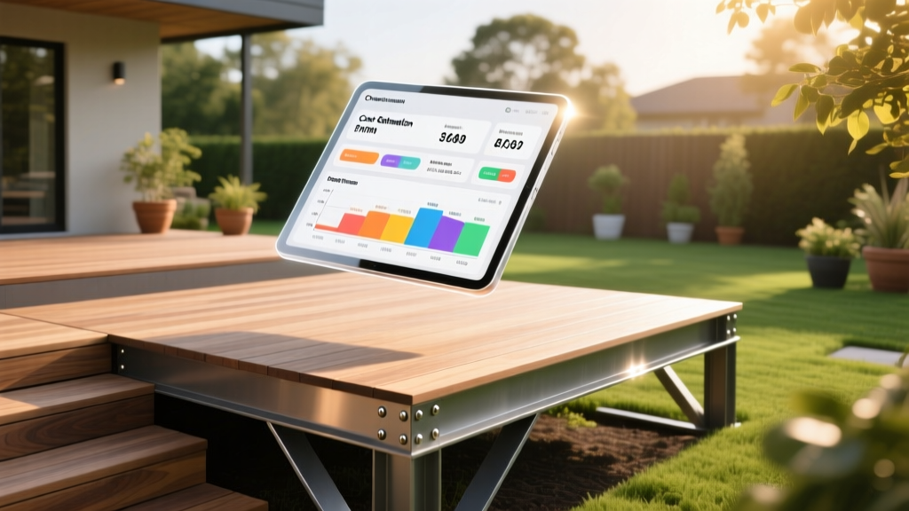 Architectural blueprint of a multi-level composite deck resting on steel framing, overlaid with a digital cost-estimation tablet in a sunny backyard