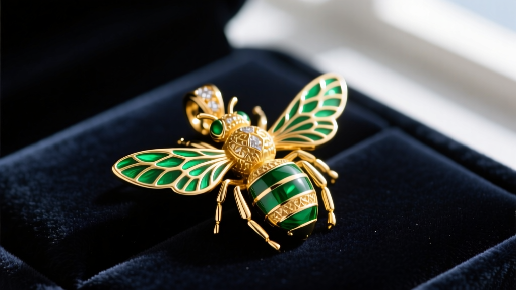 Macro shot of an 18k gold bee pendant with green guilloché enamel wings resting on a dark velvet jeweler's inspection pad