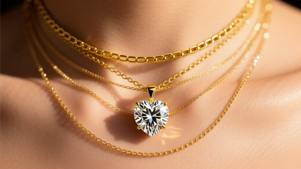 Layered necklace stack with an east-west heart cut diamond pendant on a delicate yellow gold box chain against warm skin tones.