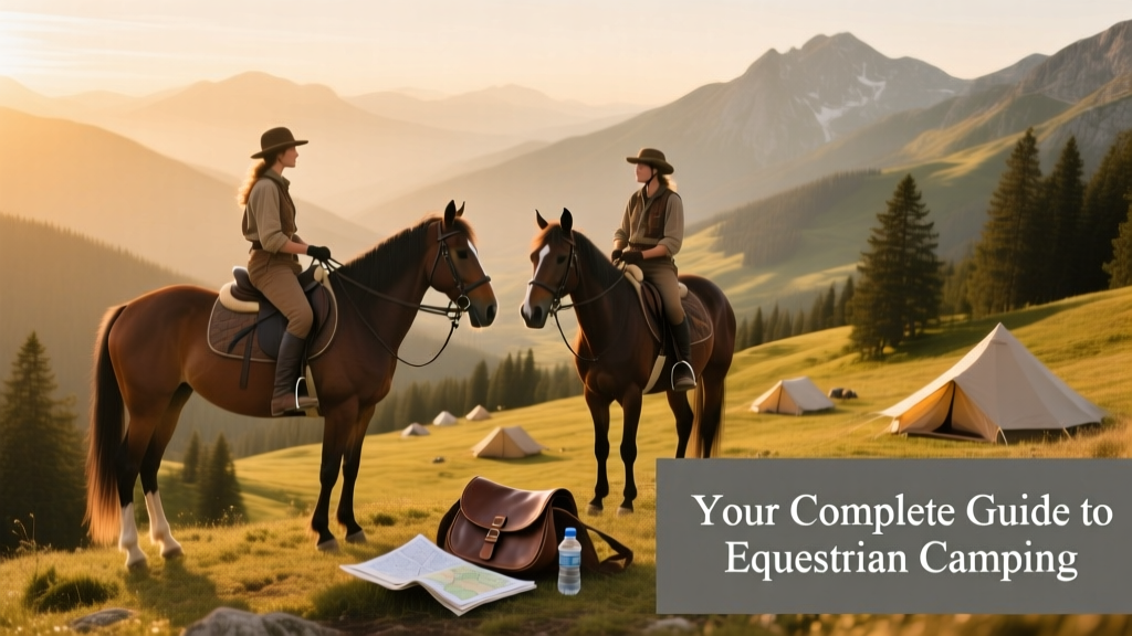 Two riders on horseback pausing at a scenic mountain overlook with tents visible in the distance
