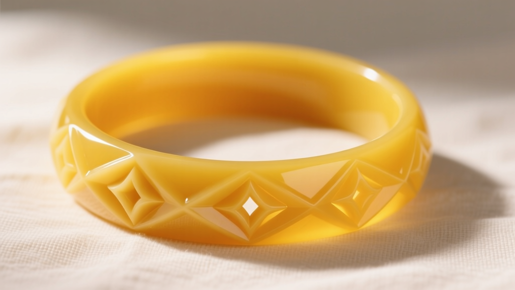 Side view of a carved applejuice yellow Bakelite bangle with geometric motifs, illuminated against a soft cream linen background.