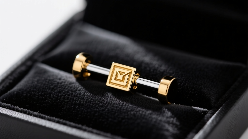 Macro shot of an 18k gold and black rhodium barbell earring with a subtle box logo motif on a dark velvet jewelry display tray