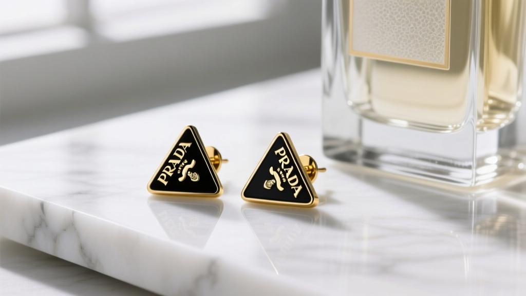 Macro shot of black and gold Prada triangle enamel stud earrings on white marble beside a glass perfume bottle in soft light