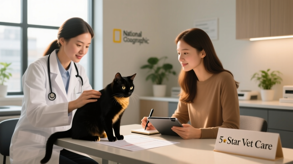 Veterinarian gently examining a calm cat while owner takes notes on a tablet