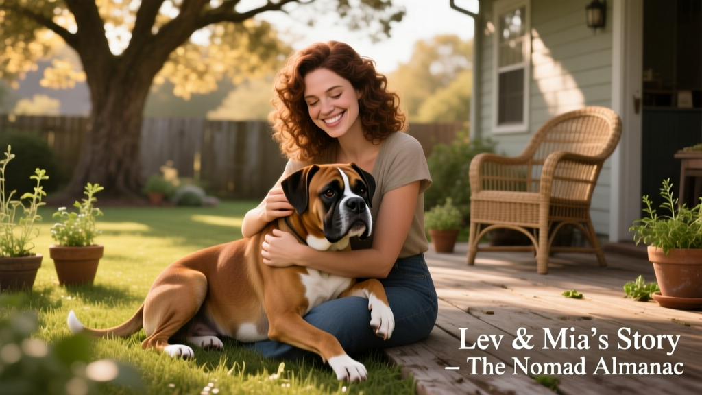 Mia smiling warmly as she cuddles a gentle Boxer on a grassy backyard patio