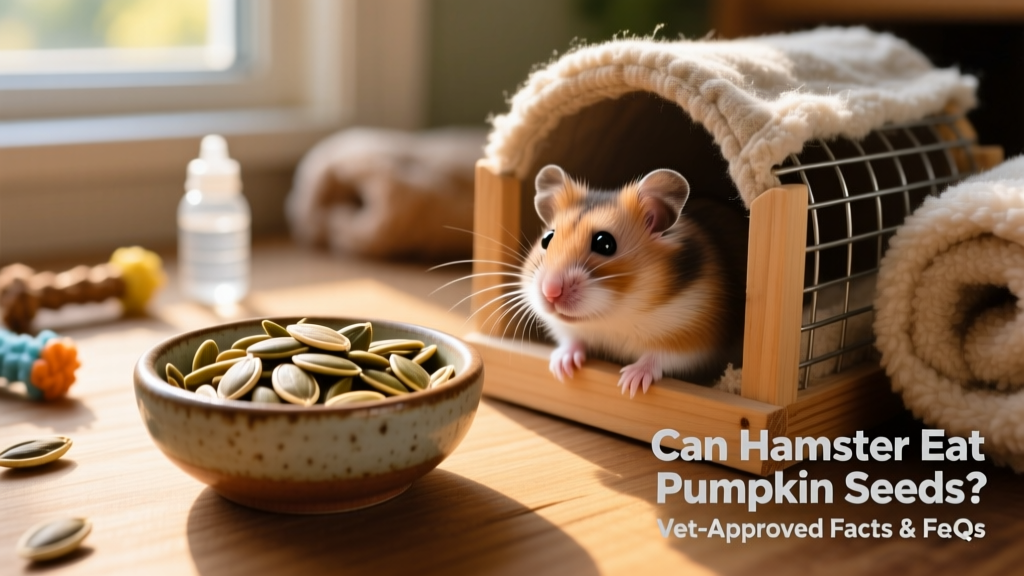 Small bowl of freshly roasted, unsalted pumpkin seeds next to a curious hamster peeking out of its habitat