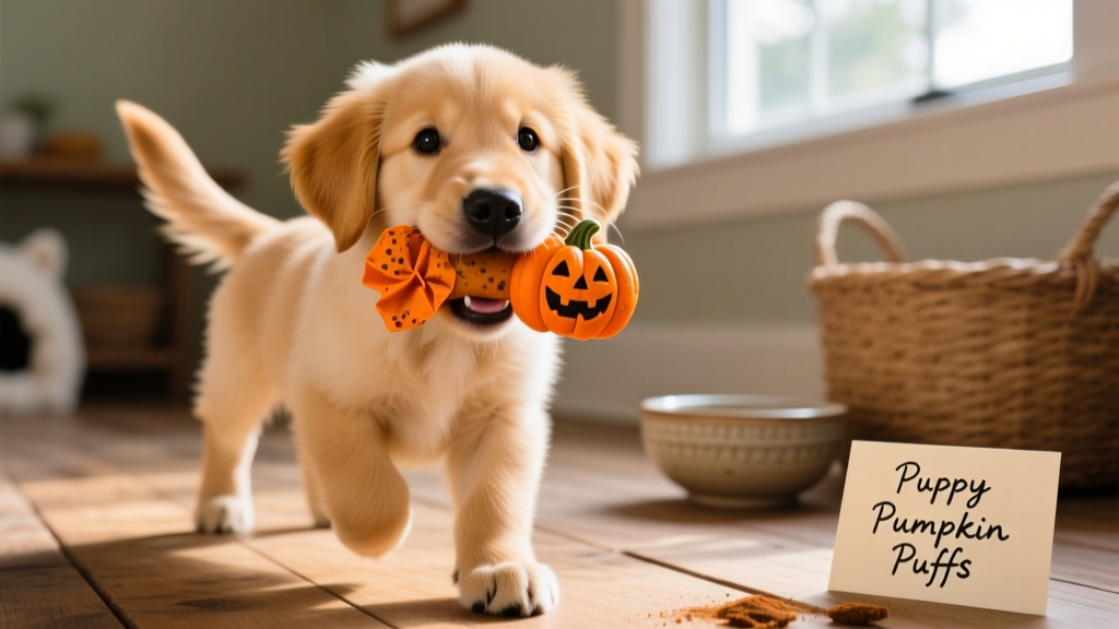 A happy puppy holding a Puppy Pumpkin Puff treat in its mouth, tail wagging