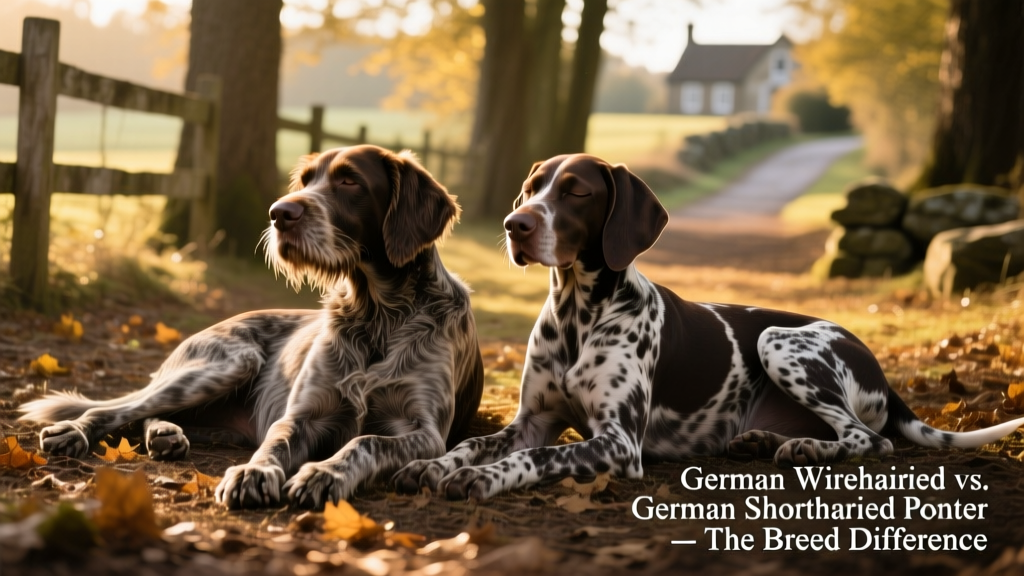 Two dogs resting side by side—one with a shaggy, bearded face (Wirehaired), the other with a smooth, clean muzzle (Shorthaired)