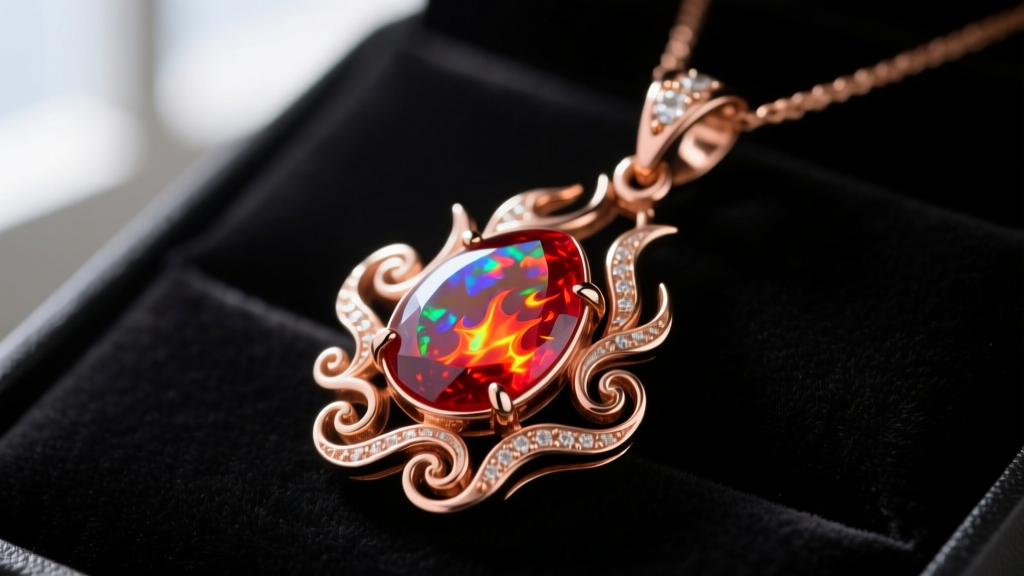 Macro shot of a necklace of fireball pendant with a bezel-set Mexican fire opal and 14k rose gold flame motifs on dark velvet