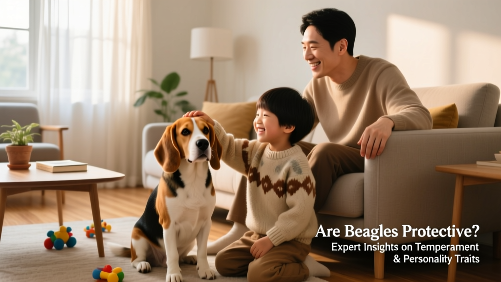 A friendly Beagle sitting calmly beside a smiling child and an adult visitor in a living room