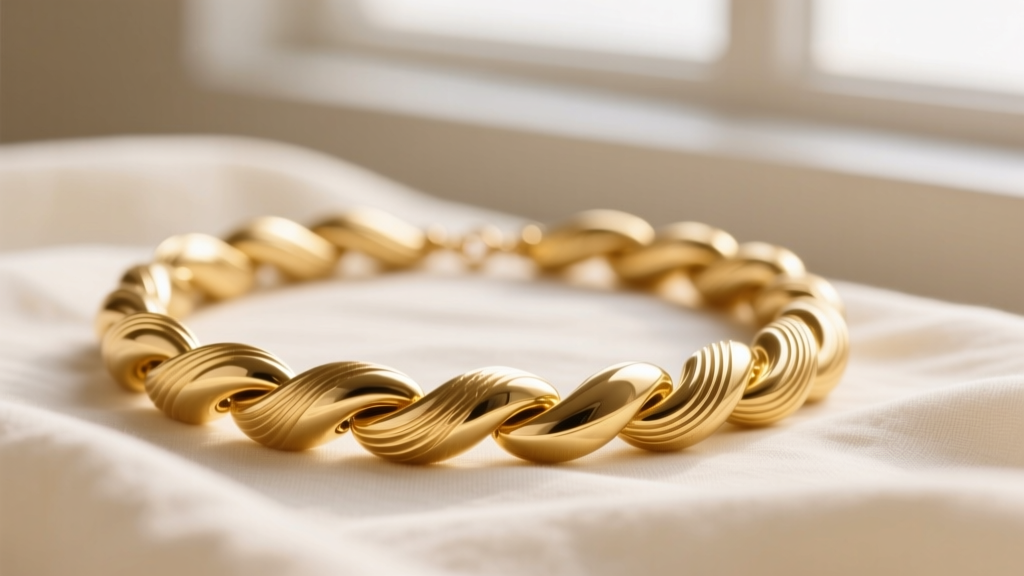 Close-up of a 14k solid gold macaroni necklace with curved tubular beads resting on cream linen under soft lighting.