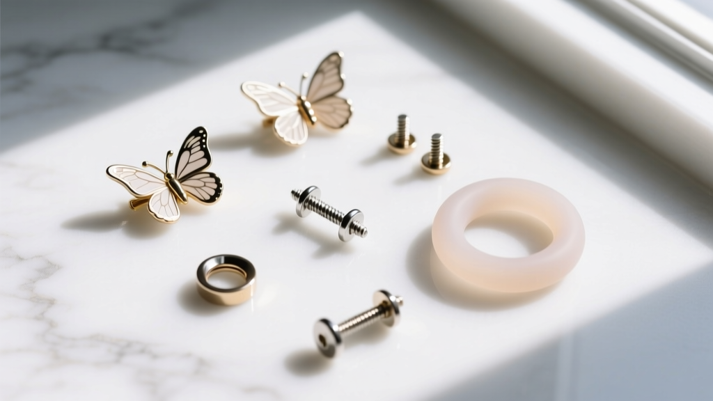 Top-down flat lay of earring backing replacements including butterfly clutches, screw-backs, and silicone O-rings on white marble.