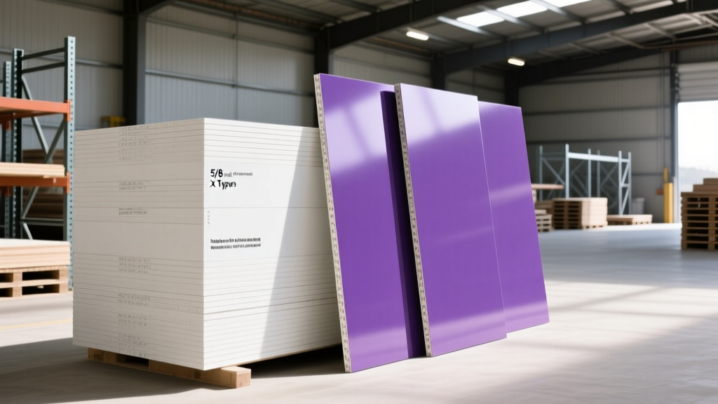 Stacks of 5/8-inch Type X fire-rated gypsum boards next to purple moisture-resistant panels in a well-lit commercial lumber yard