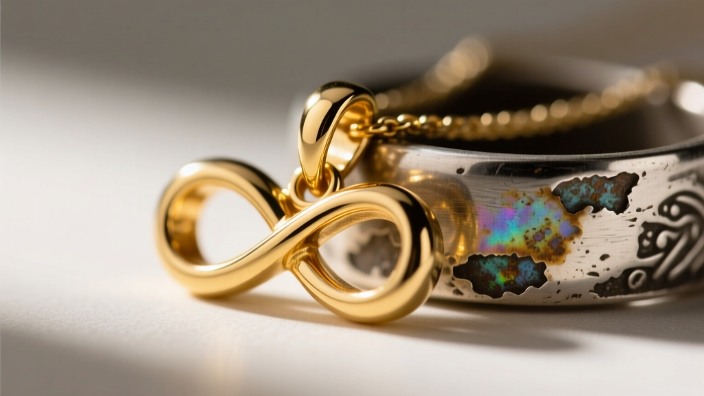 Macro shot of a 14k gold James Avery infinity pendant beside tarnished silver, contrasting warm luster and darkened crevices.