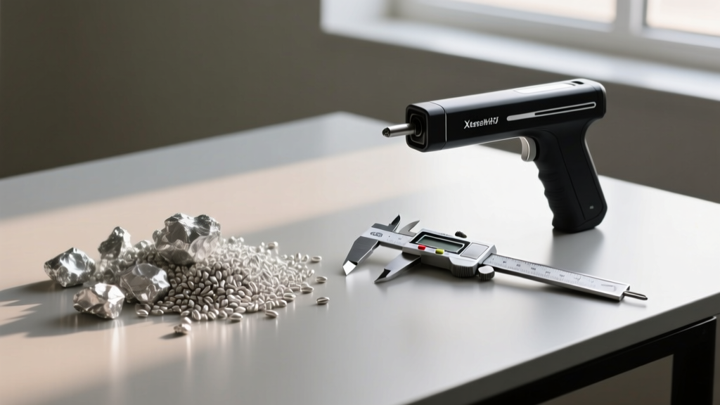 Raw 925 silver grain on a desk beside digital calipers and an XRF analyzer gun used by jewelers to verify metal purity