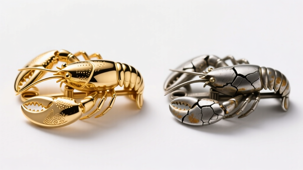 Side-by-side macro comparison of a stamped 14k gold lobster claw necklace clasp and a brittle cast base-metal alternative.