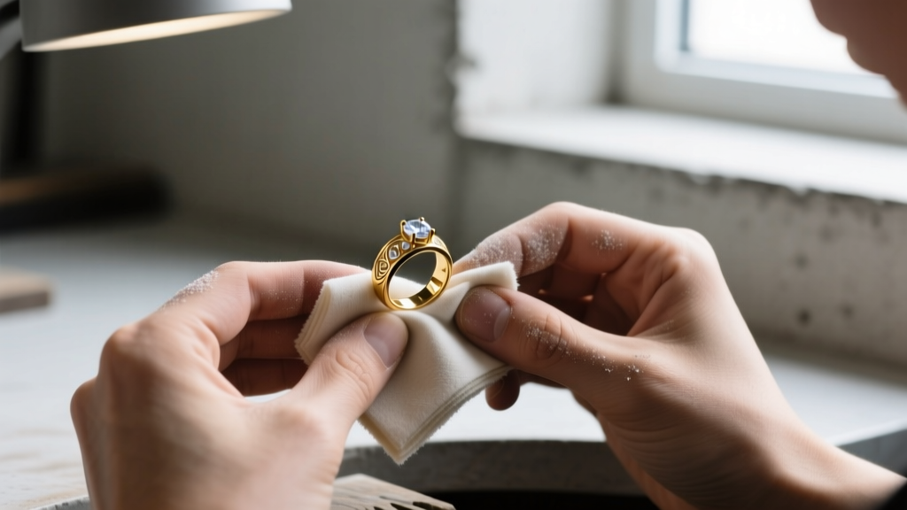 Jeweler using a microfiber polishing cloth treated with jeweler's rouge to carefully buff a delicate silver figaro chain necklace.