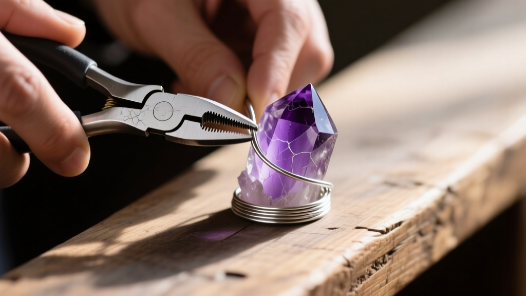 Close-up of hands using nylon jaw pliers to bend 20-gauge Argentium silver wire around a raw amethyst crystal on a wooden bench.