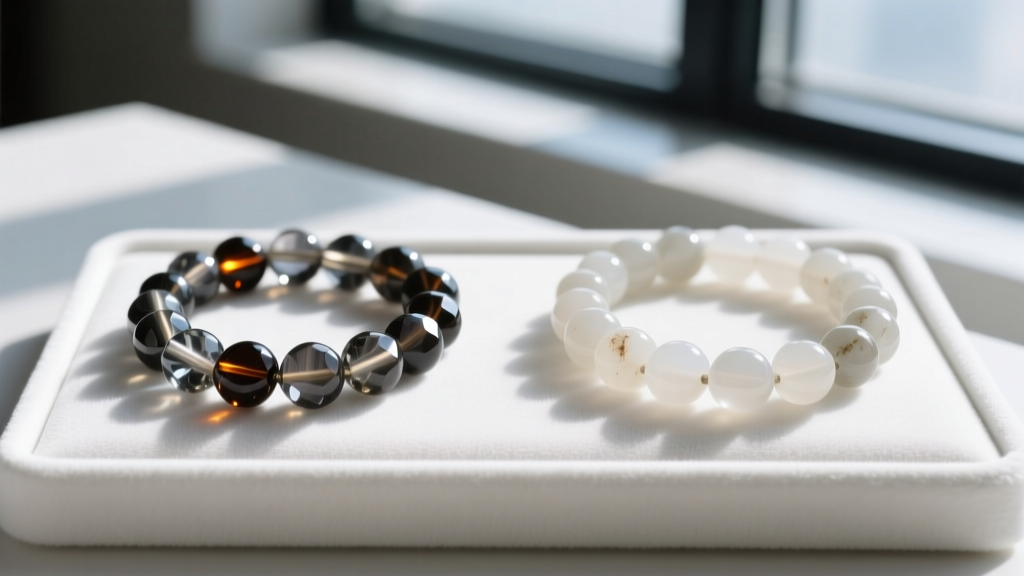 Side-by-side comparison of AAA grade flawless smoky quartz beads and A grade opaque beads on a white velvet jewelry display pad.