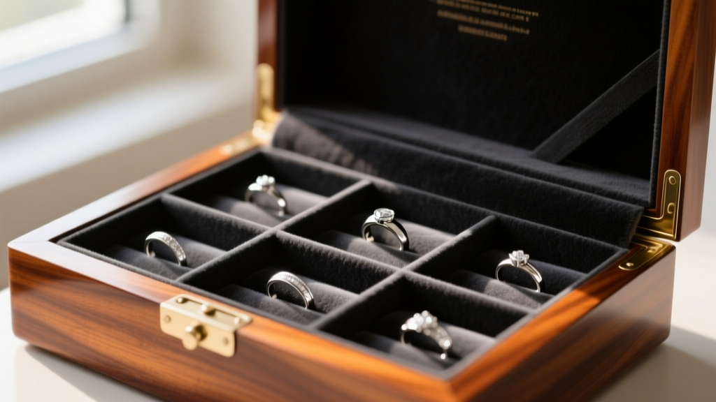 Interior of a mahogany jewelry box lined with charcoal anti-tarnish flannel, showing neatly divided compartments for silver rings.