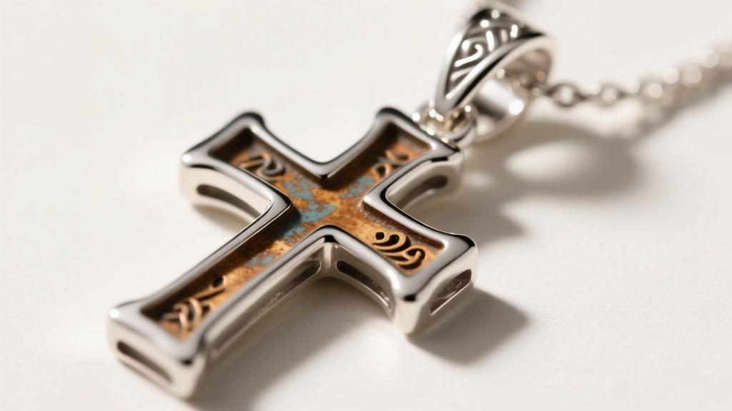 Macro photography of a 925 sterling silver little cross pendant showing slight oxidation in crevices, contrasted with bright rhodium-plated bail, studio lighting.