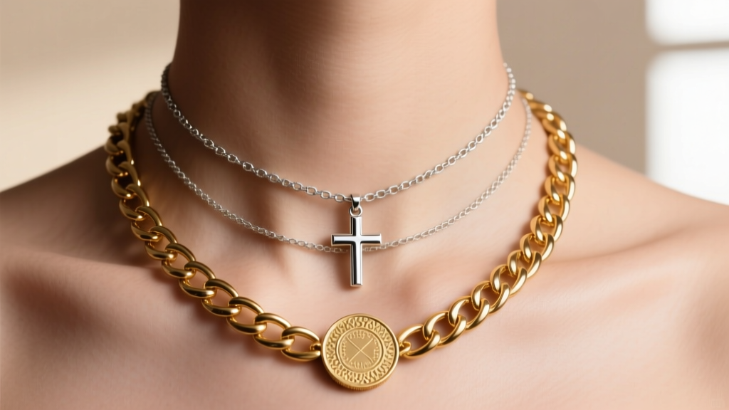 Collarbone stack featuring a 12mm mini cross pendant on a 16-inch chain paired with an 18-inch textured gold coin necklace.