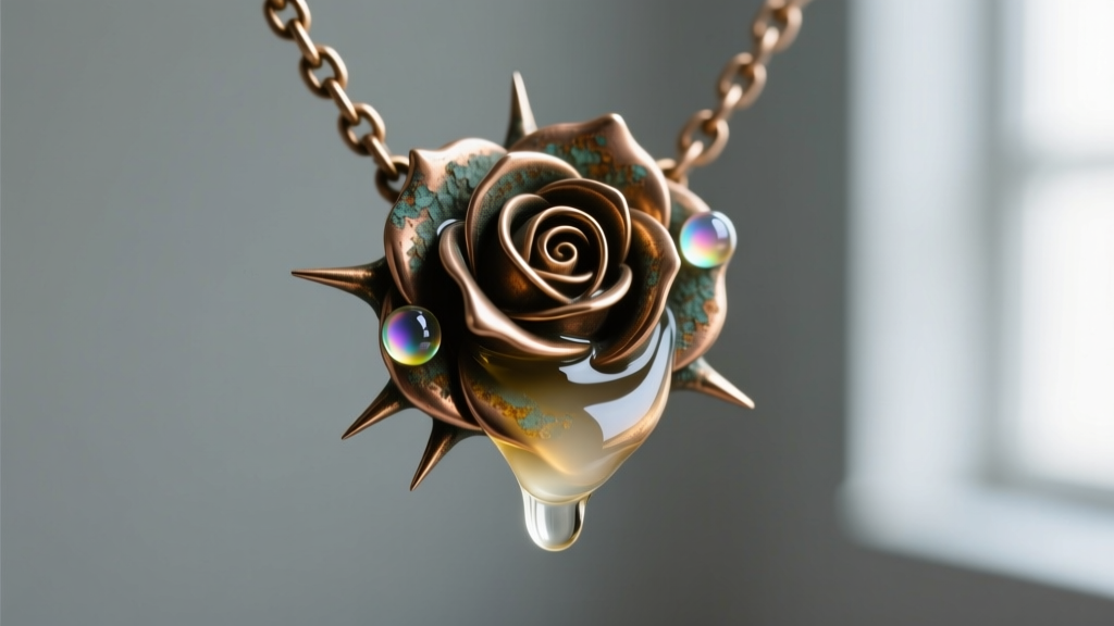 A macro shot of a pH-neutral soap solution lifting sebum and tarnish from the sharp points of a bronze rose-thorn pendant chain.