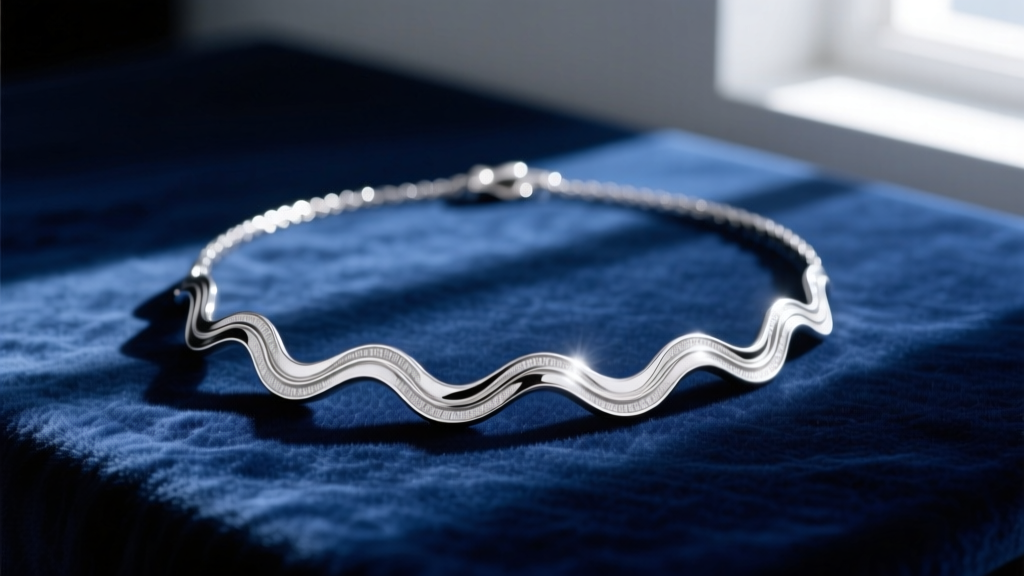 Elegant flat lay of a polished sterling silver wave necklace on navy blue velvet, soft morning light highlighting the metal curves.