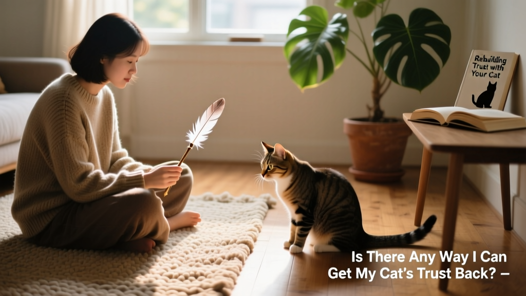 A person sitting cross-legged on the floor, holding a feather wand toy just out of reach while a cat watches intently