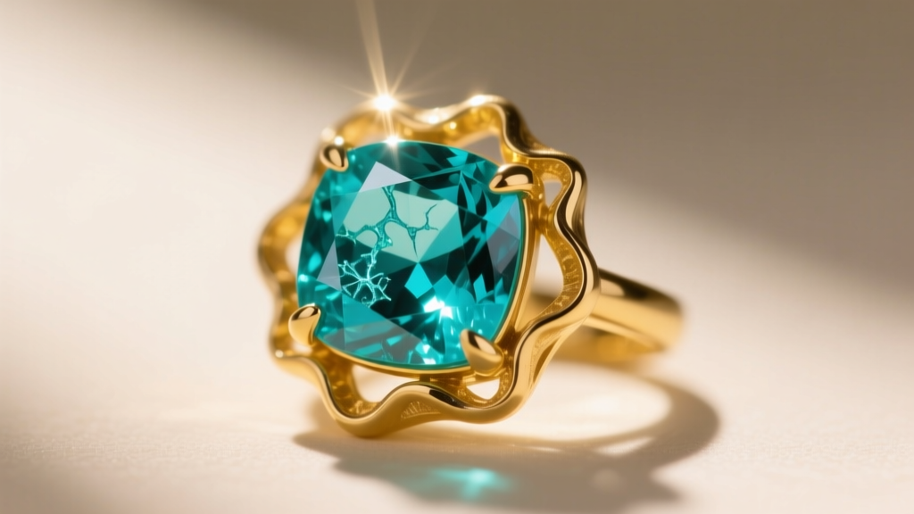 Macro shot of a turquoise gemstone set in a 14k yellow gold bezel, revealing the natural matrix of the stone under bright sunlight