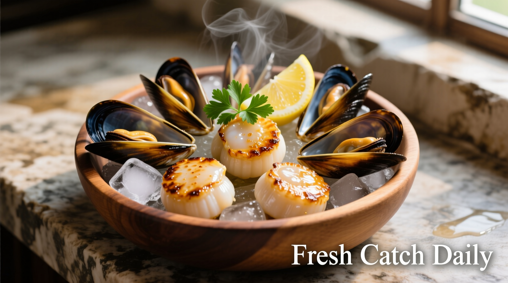 Fresh seafood platter with scallops and mussels
