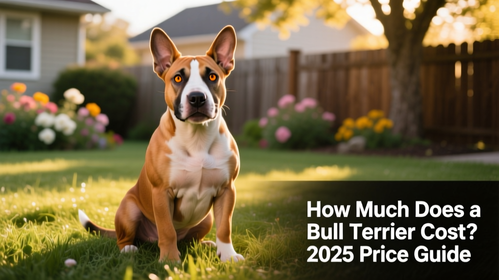 A playful, muscular Bull Terrier puppy sitting on grass with bright eyes and perked ears