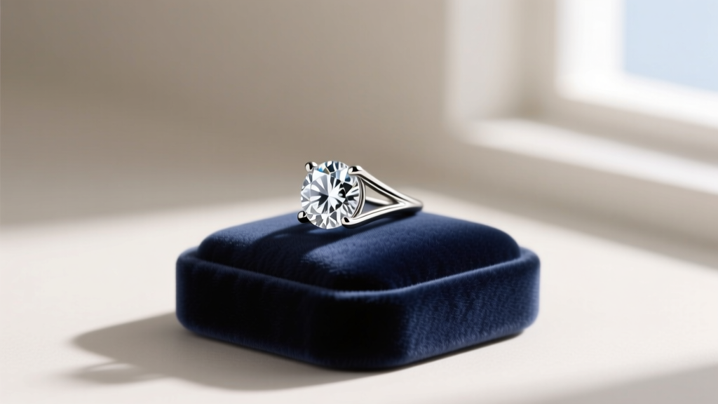 Side profile of a 3-prong platinum martini basket earring setting holding a round diamond, displayed on a soft velvet jewelry pad.