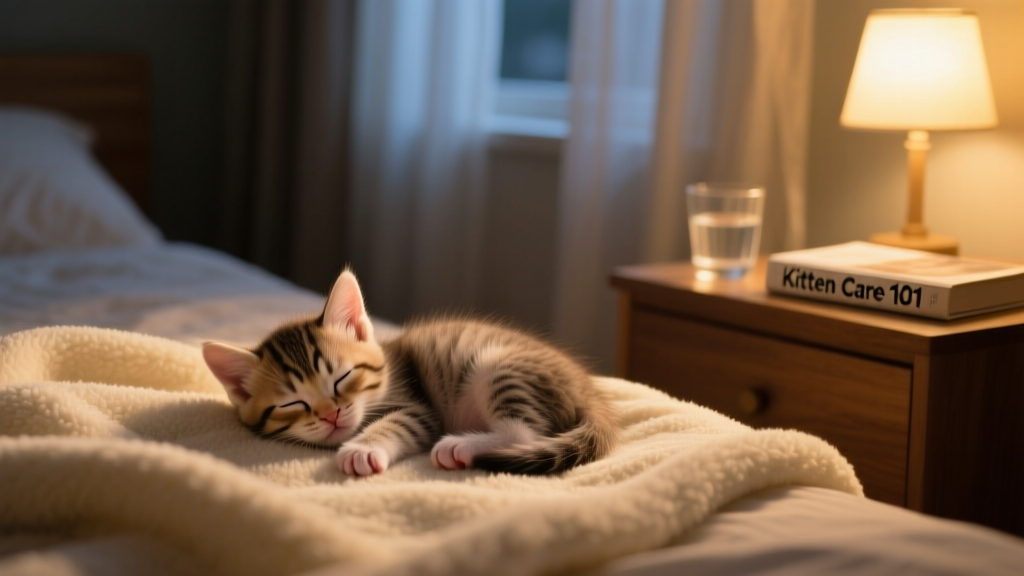 A sleepy newborn kitten curled up on a soft fleece blanket in a quiet, dimly lit room