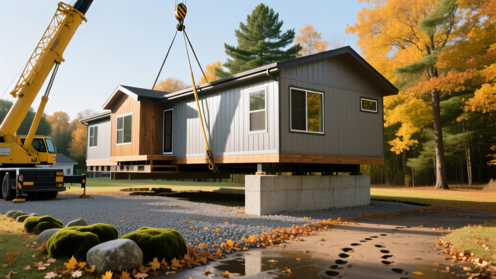 Double-wide manufactured home lowered by crane onto concrete pier foundation in wooded suburban lot during autumn