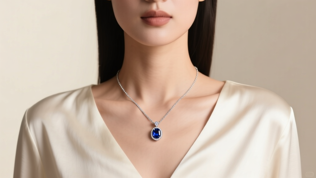 Woman wearing an 18 necklace chain with sapphire pendant resting perfectly on collarbone against a cream silk blouse necklines.
