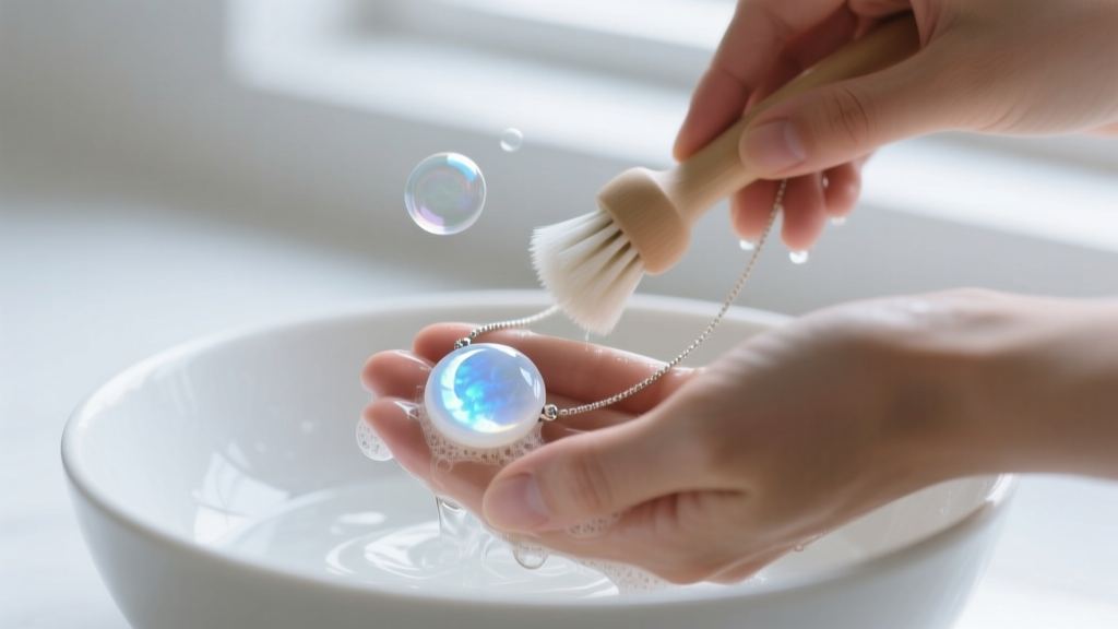 Hands washing a moonstone full moon necklace with a soft brush and soapy water in a white bowl under bright natural light.