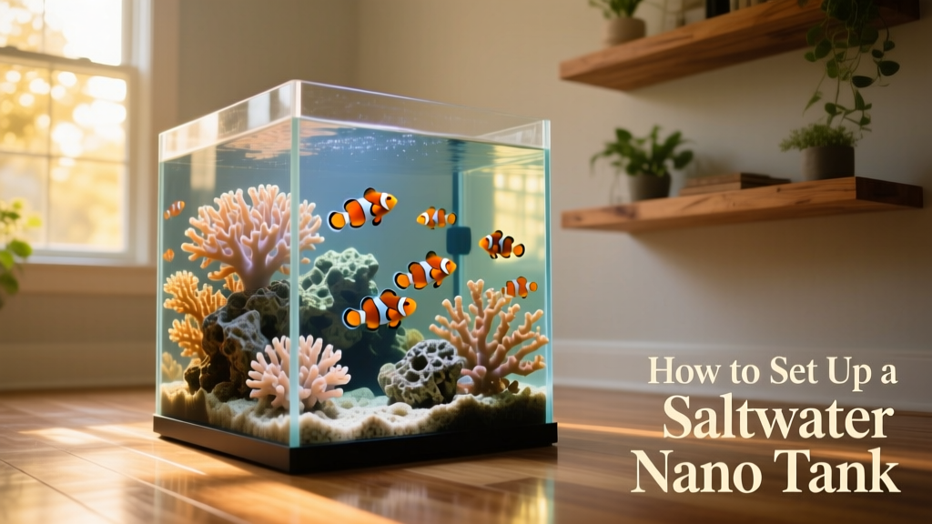 A vibrant 15-gallon saltwater nano aquarium with clownfish, soft corals, and live rock