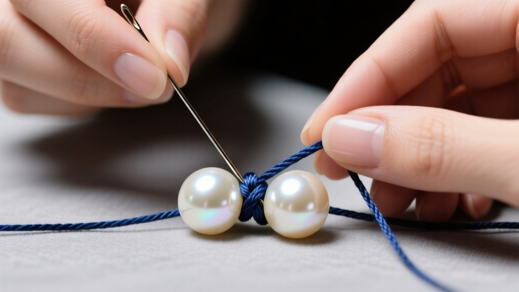 Close-up of hands using a needle to tie a silk knot between two round, cream-colored South Sea pearls on a gray jeweler