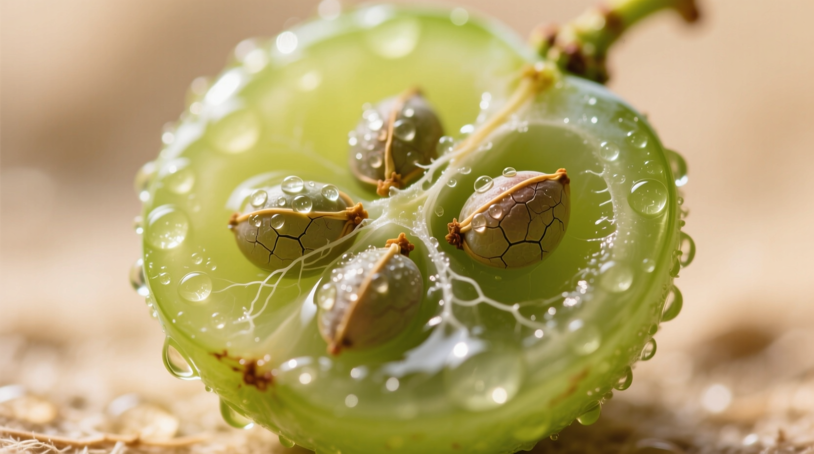 Close-up of grape seeds inside a halved grape