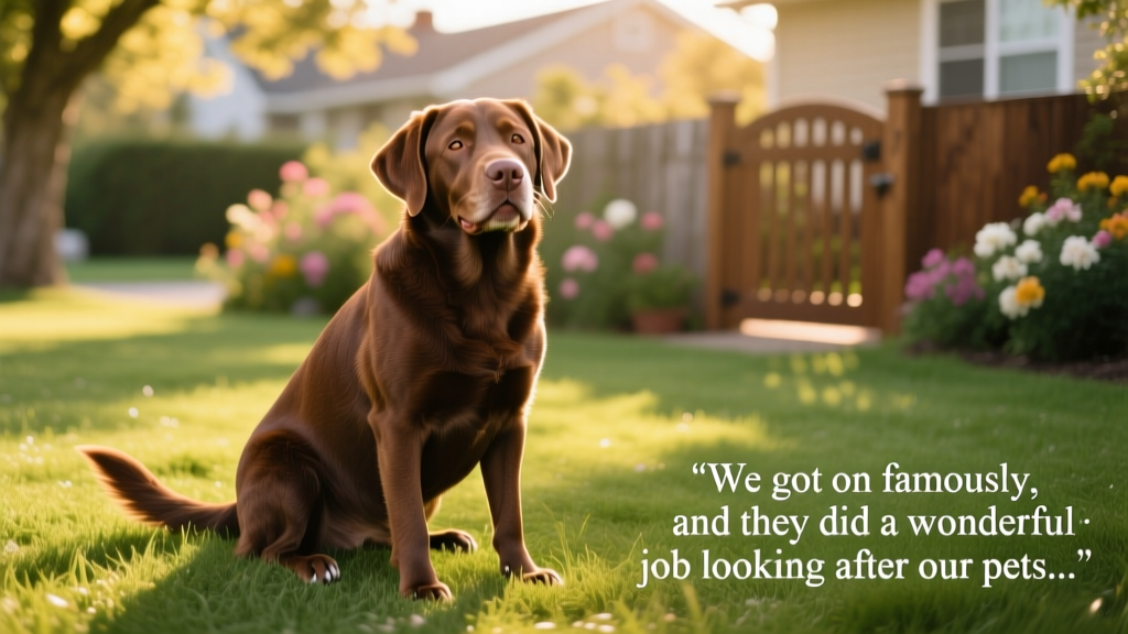 A brown dog sitting contentedly on a green lawn, tail wagging