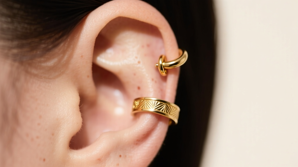 Close-up of a 16-gauge gold cartilage cuff earring wrapping around the upper helix ridge of an ear under soft studio lighting.