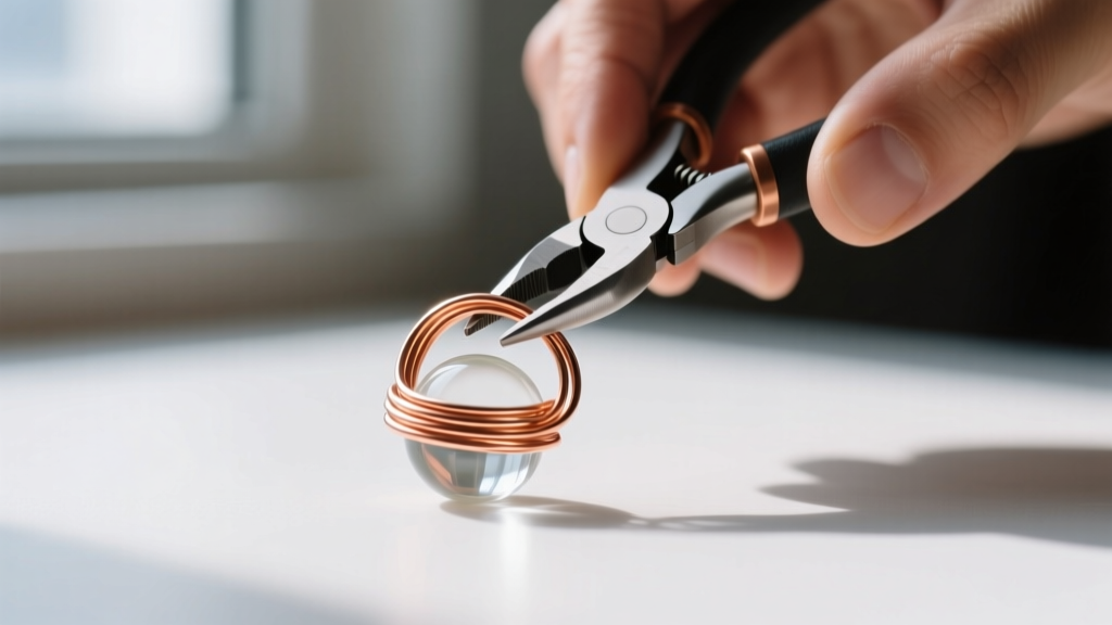 Close-up of hands using round-nose pliers to bend a 22-gauge copper wire into a perfect wrapped loop above a glass bead