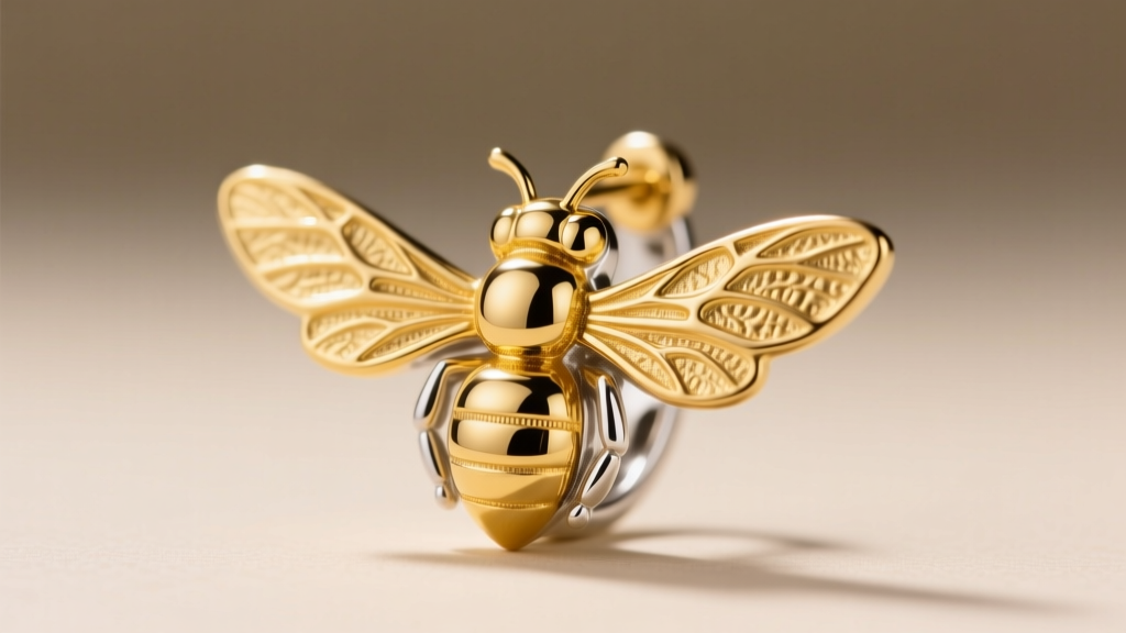 Extreme close-up of a gold vermeil bee earring wing, showing the contrast between a sterling silver base and the thick gold finish
