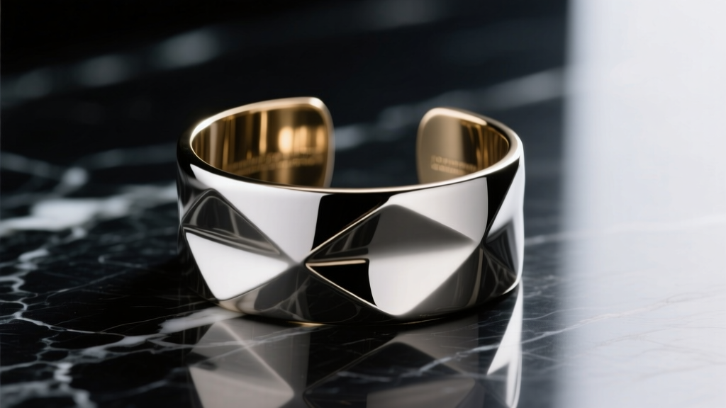 Silver plated brass cuff on dark marble, reflecting soft studio light, high fashion editorial portrait, close up shot.